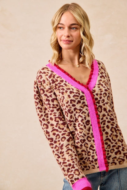 BiBi Leopard Print Knit Sweater with Contrasting Striped Ruffles in Leopard