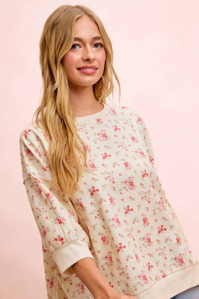 BiBi OVERSIZED Washed Twill Floral Print Top in Cream/Red Floral