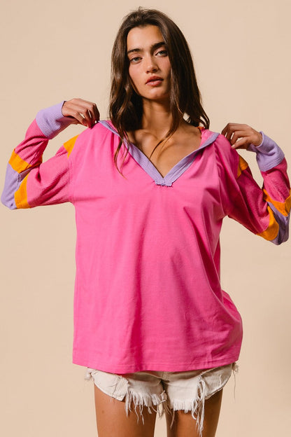 BiBi Color Block Jersey Knit and Ribbed Knit Hooded Top in Pink/Lavender/Orange