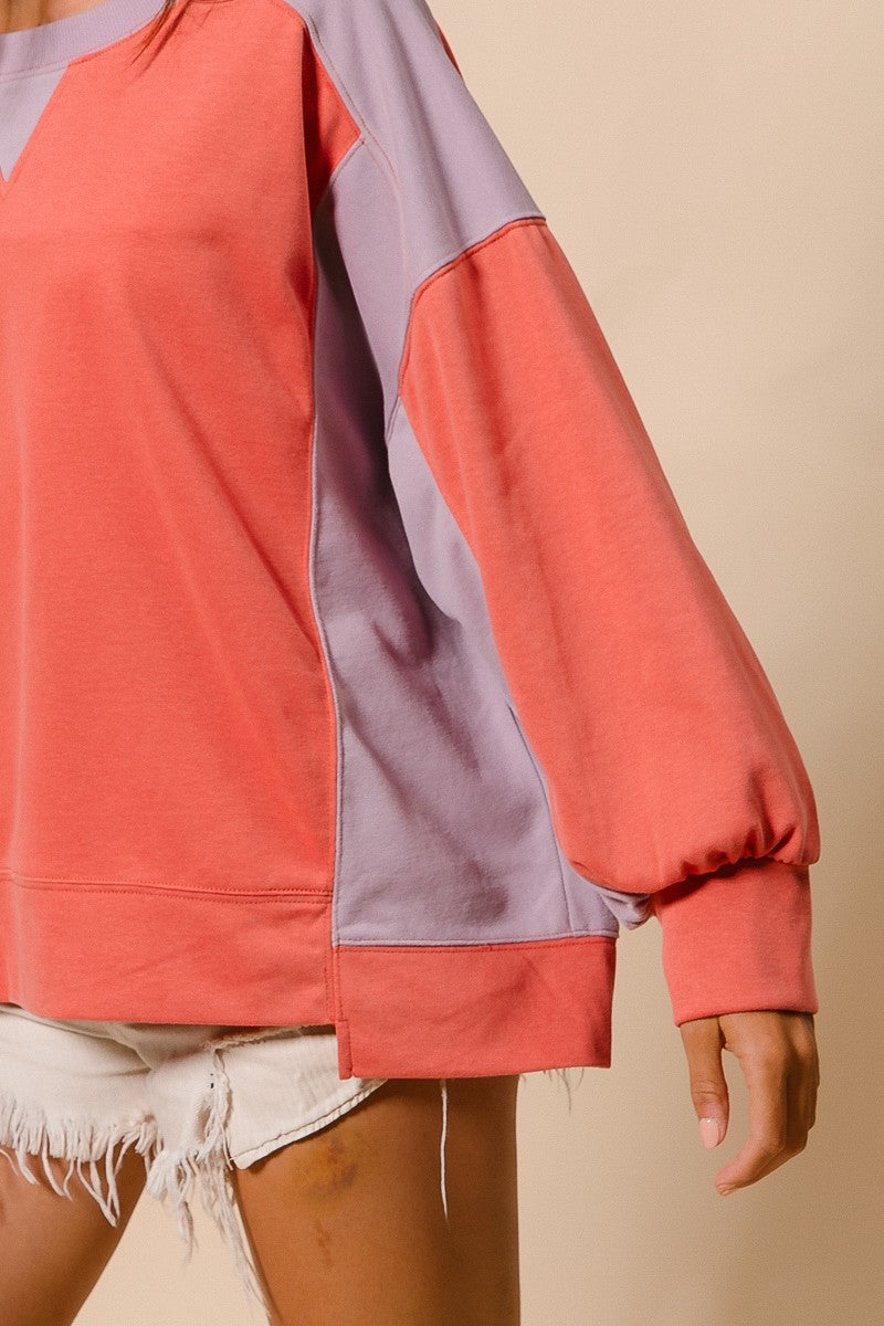 BiBi Color Block French Terry Top in Dark Coral/Lavender
