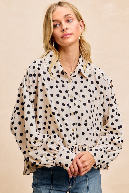 BiBi Crinkle Polka Dot Ruffle Hem Button Down Top in Cream/Black