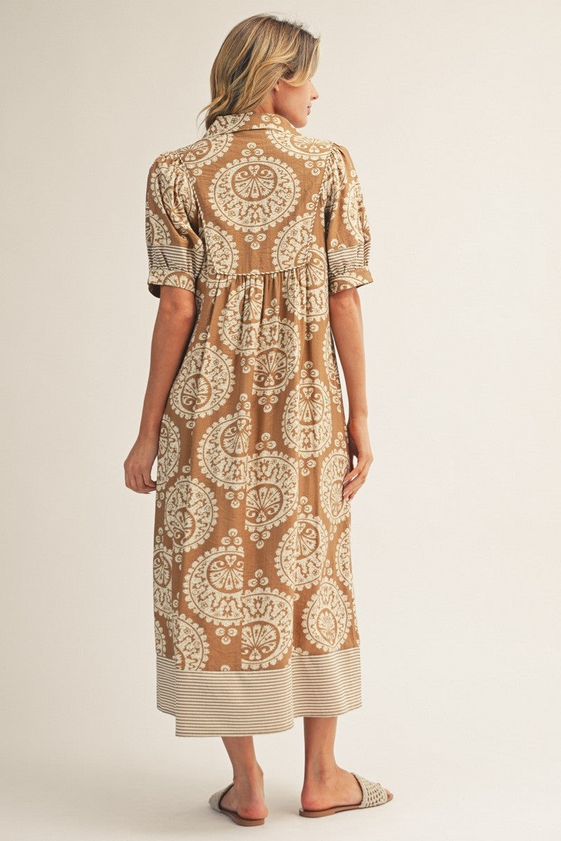 Jodifl Geometric Floral Print Midi Dress in Caramel