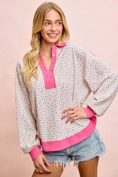 BiBi Floral Print Thermal Faux Button Collar Top in Ivory/Fuchsia