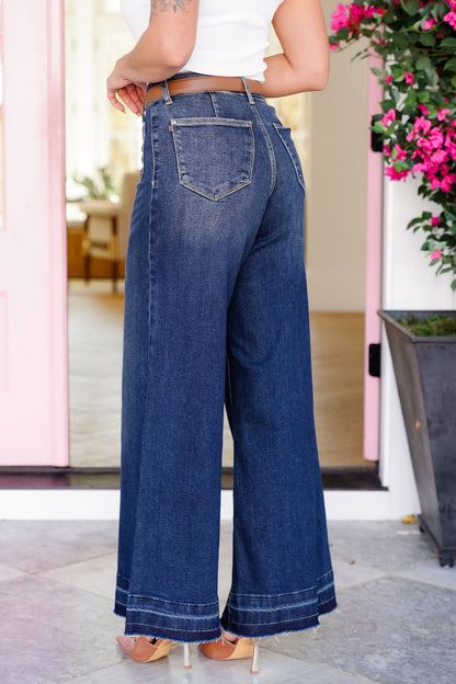 Judy Blue High Rise Dark Wash Palazzo Jeans with Front Patch Pockets
