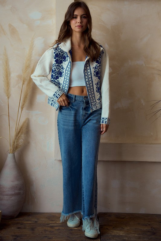 LovLov Solid Color Front Zip Cardigan With Contrasting Mix Prints in Ivory