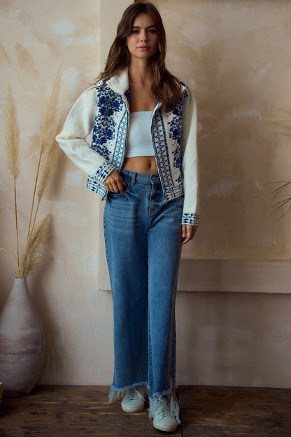 LovLov Solid Color Front Zip Cardigan With Contrasting Mix Prints in Ivory