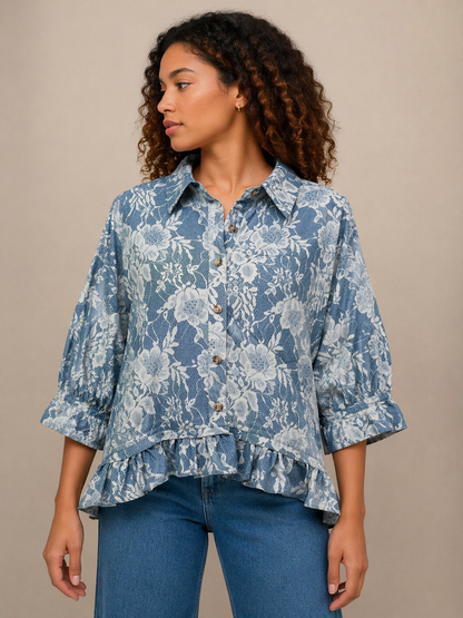 BiBi Flower Print Denim Ruffle Hem Buttoned Top in Denim