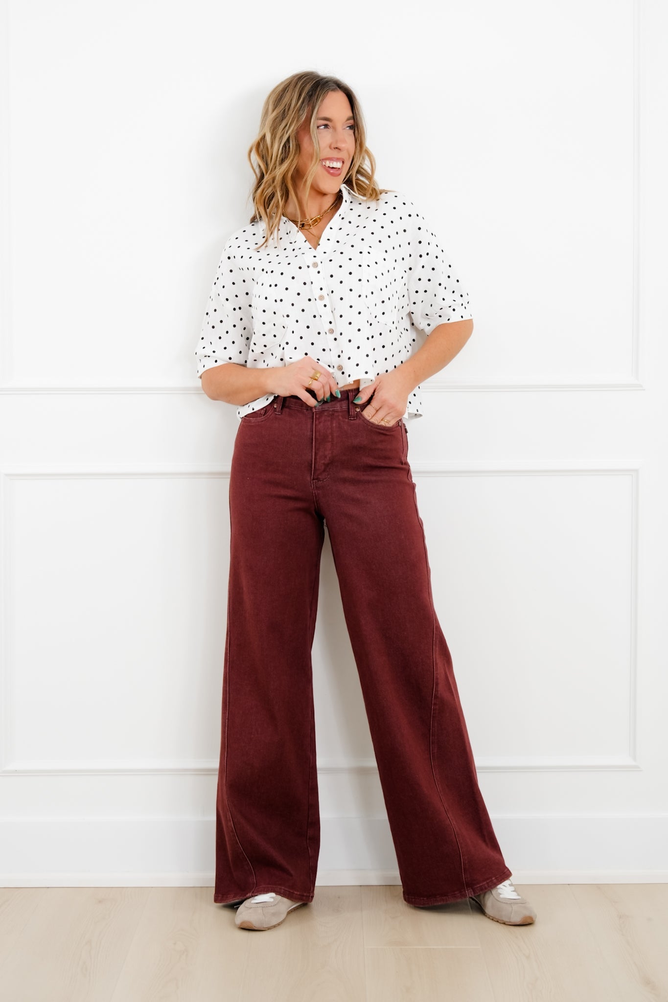 Judy Blue High Rise Burgundy Retro Wide Leg Jeans with Twisted Seams