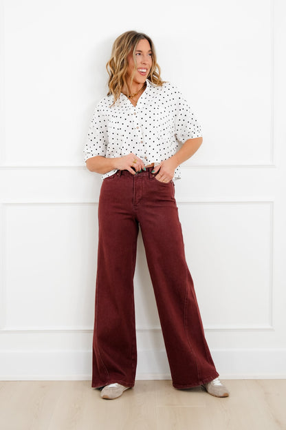 Judy Blue High Rise Burgundy Retro Wide Leg Jeans with Twisted Seams