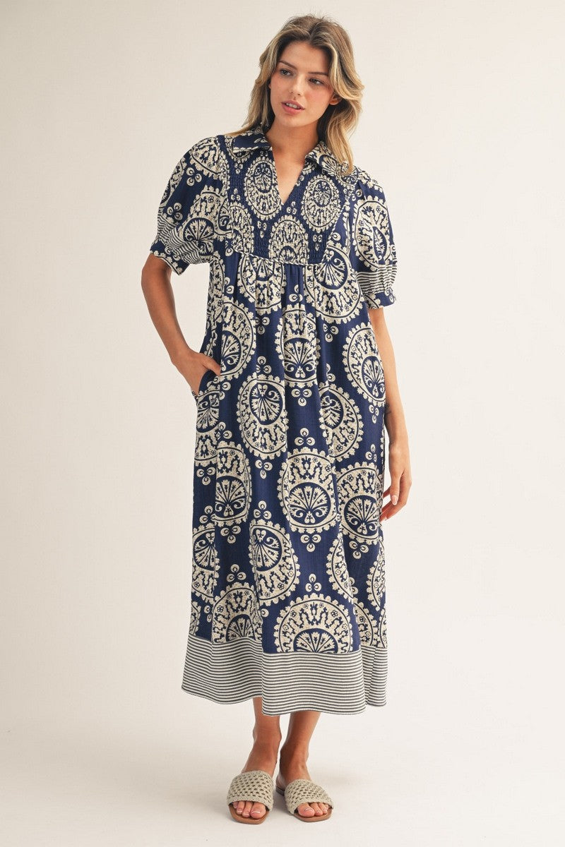 Jodifl Geometric Floral Print Midi Dress in Navy