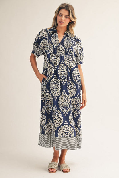 Jodifl Geometric Floral Print Midi Dress in Navy