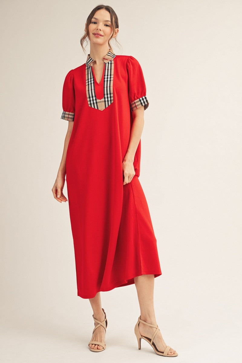 Jodifl Solid Color Midi Dress with Contrasting Classic Check in Tomato Red ON ORDER