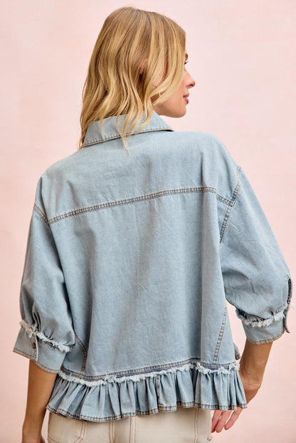 BiBi Washed Denim Ruffle Hem Buttoned Top in Washed Denim