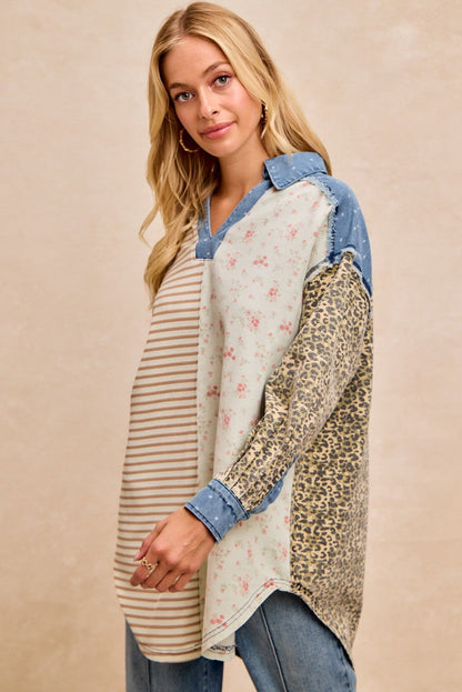 BiBi Mix N Match Long Tunic Top in Ivory/Latte Stripes