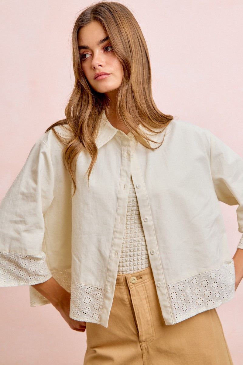 BiBi Eyelet Lace Hem Quarter Sleeve Top in Butter
