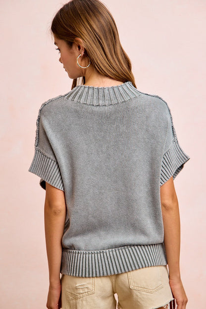BiBi Washed Rib Banded Drop Shoulder Sweater Top in Smoke Grey