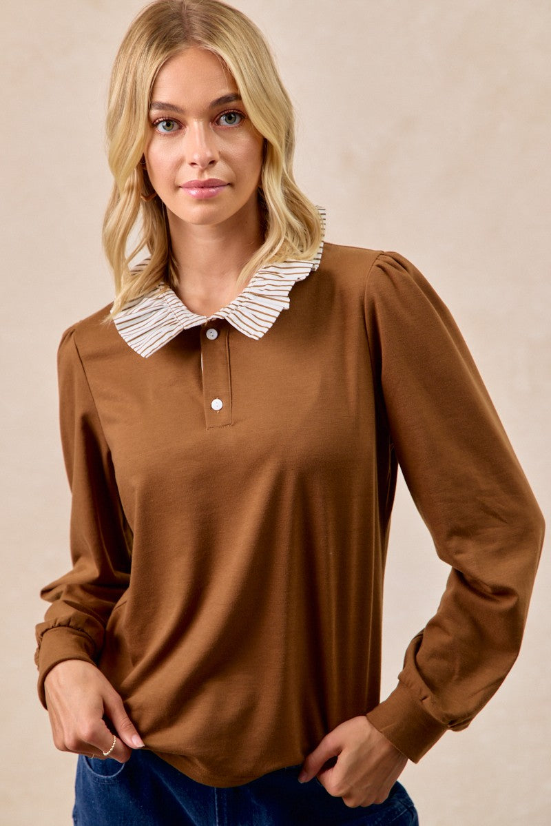 BiBi French Terry Top with Contrasting Striped Ruffle Collar in Dark Mocha