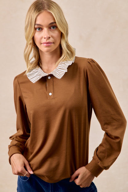 BiBi French Terry Top with Contrasting Striped Ruffle Collar in Dark Mocha