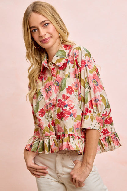 BiBi Floral Print Ruffled Hem Button-Up Quarter Sleeve Top in Floral ON ORDER