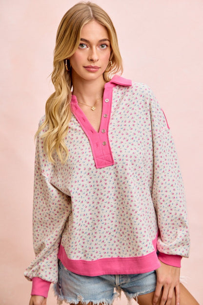 BiBi Floral Print Thermal Faux Button Collar Top in Ivory/Fuchsia