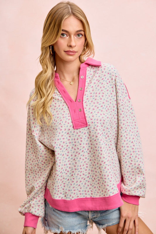 BiBi Floral Print Thermal Faux Button Collar Top in Ivory/Fuchsia
