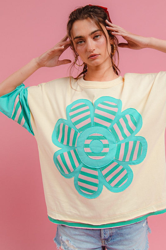 BiBi Loose Fit Dolman Top with Striped Flower Patch Front in Ivory/Jade
