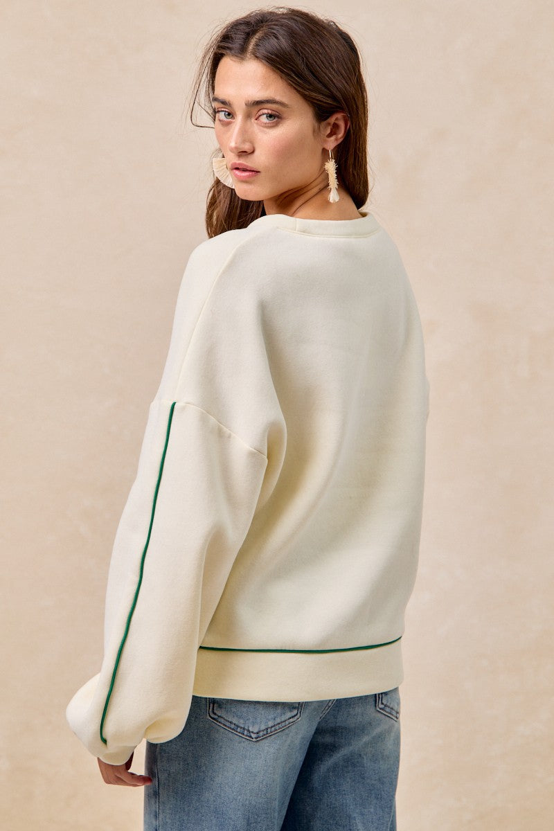 BiBi Fleece Sweatshirt with Embroidered Cactus Patch on Front in Cream