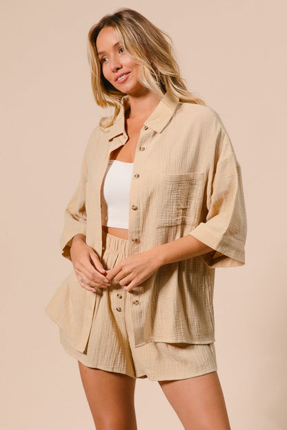 BiBi Crinkle Gauze Shirt And Short Set in Oatmeal