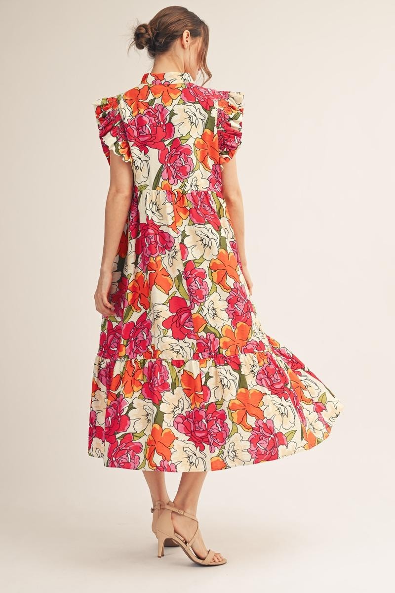Jodifl Ruffle Sleeve Floral Midi Dress in Red ON ORDER