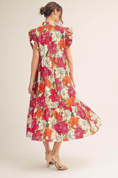 Jodifl Ruffle Sleeve Floral Midi Dress in Red ON ORDER