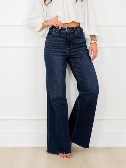 Judy Blue The Levi High Rise Dark Wash Petite/Reg Retro Wide Leg Jeans with Adjustable Waistband Tabs