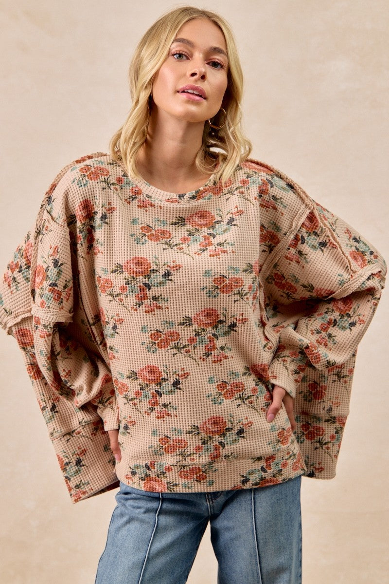 BiBi OVERSIZED Floral Print Waffle Knit Top in Taupe