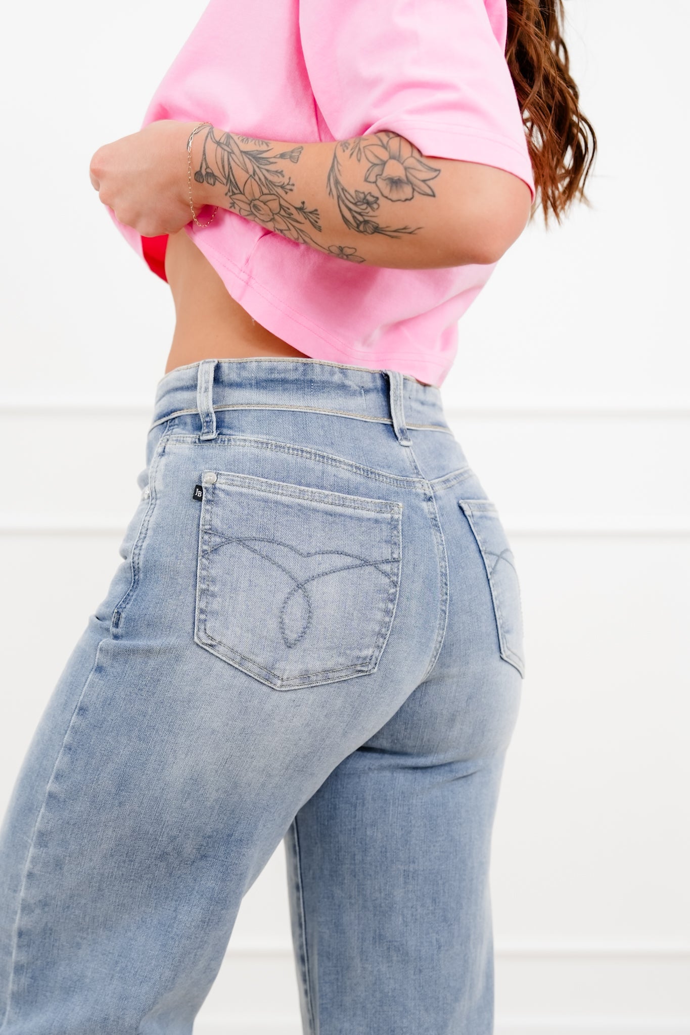 Judy Blue Mid Rise Light Wash Retro Wide Leg Jeans with Fold Over Waistband