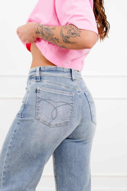 Judy Blue Mid Rise Light Wash Retro Wide Leg Jeans with Fold Over Waistband