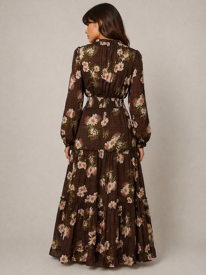 Davi & Dani Boho Floral Print Dress in Brown