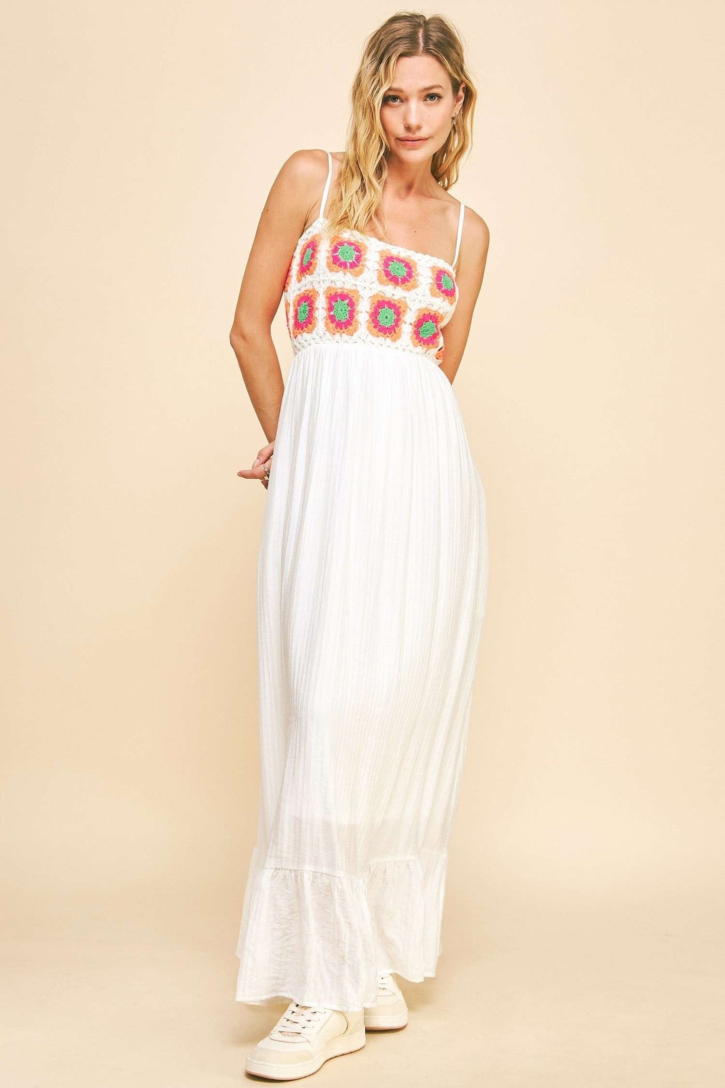 Davi & Dani Crochet Bodice Maxi Dress in White