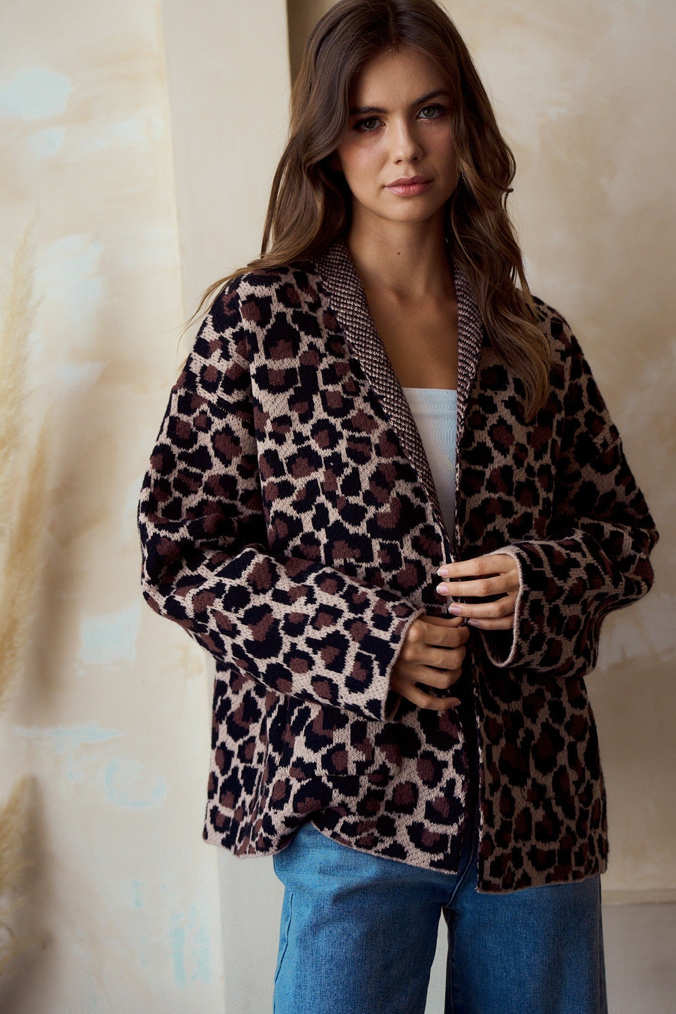 LovLov Open Front Sweater Knit Cardigan in Leopard Mocha