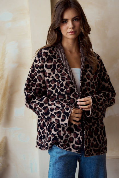 LovLov Open Front Sweater Knit Cardigan in Leopard Mocha