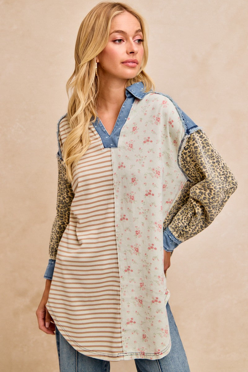 BiBi Mix N Match Long Tunic Top in Ivory/Latte Stripes