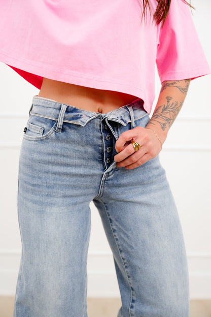 Judy Blue Mid Rise Light Wash Retro Wide Leg Jeans with Fold Over Waistband