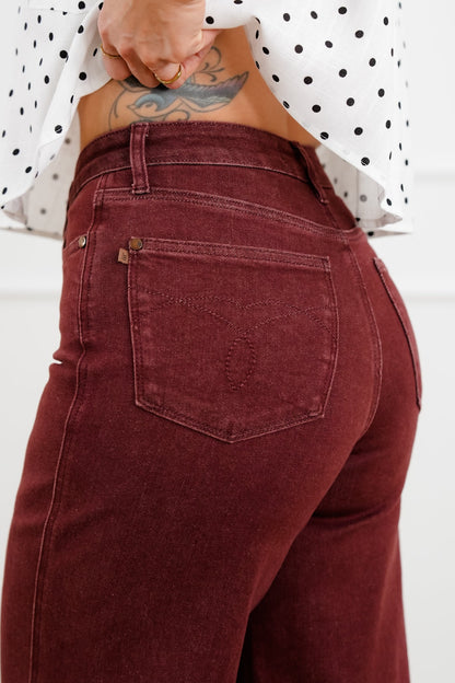Judy Blue High Rise Burgundy Retro Wide Leg Jeans with Twisted Seams