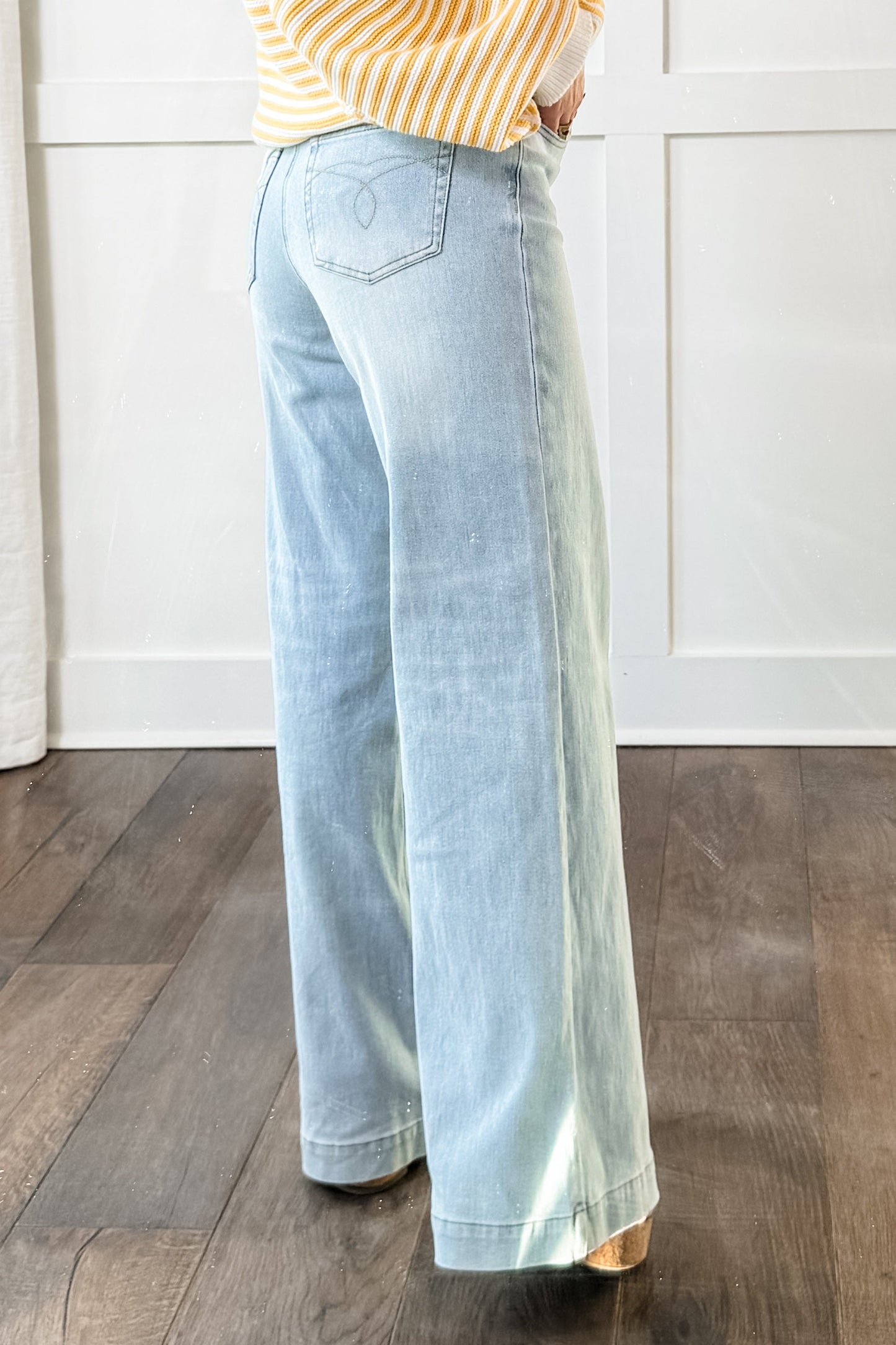 Judy Blue High Rise Light Wash Distressed Criss Cross Waistband Retro Wide Leg Jeans