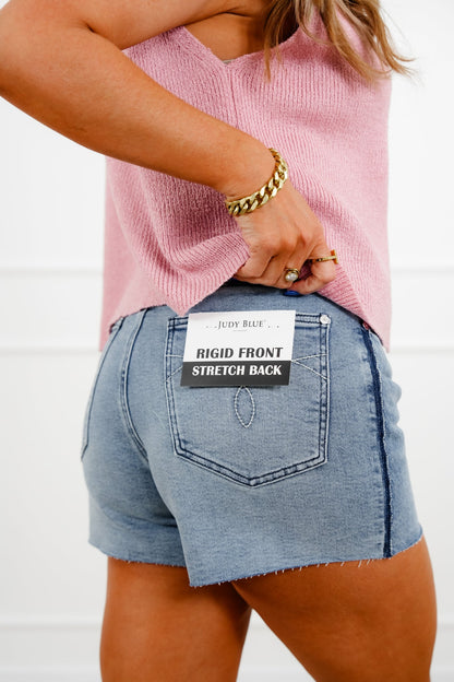 Judy Blue Medium Wash Rigid Magic Cut Off Shorts with Raw Side Seam