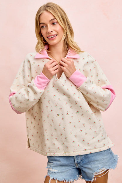 BiBi Floral Print French Terry V Neck Collared Top in Ivory/Pink