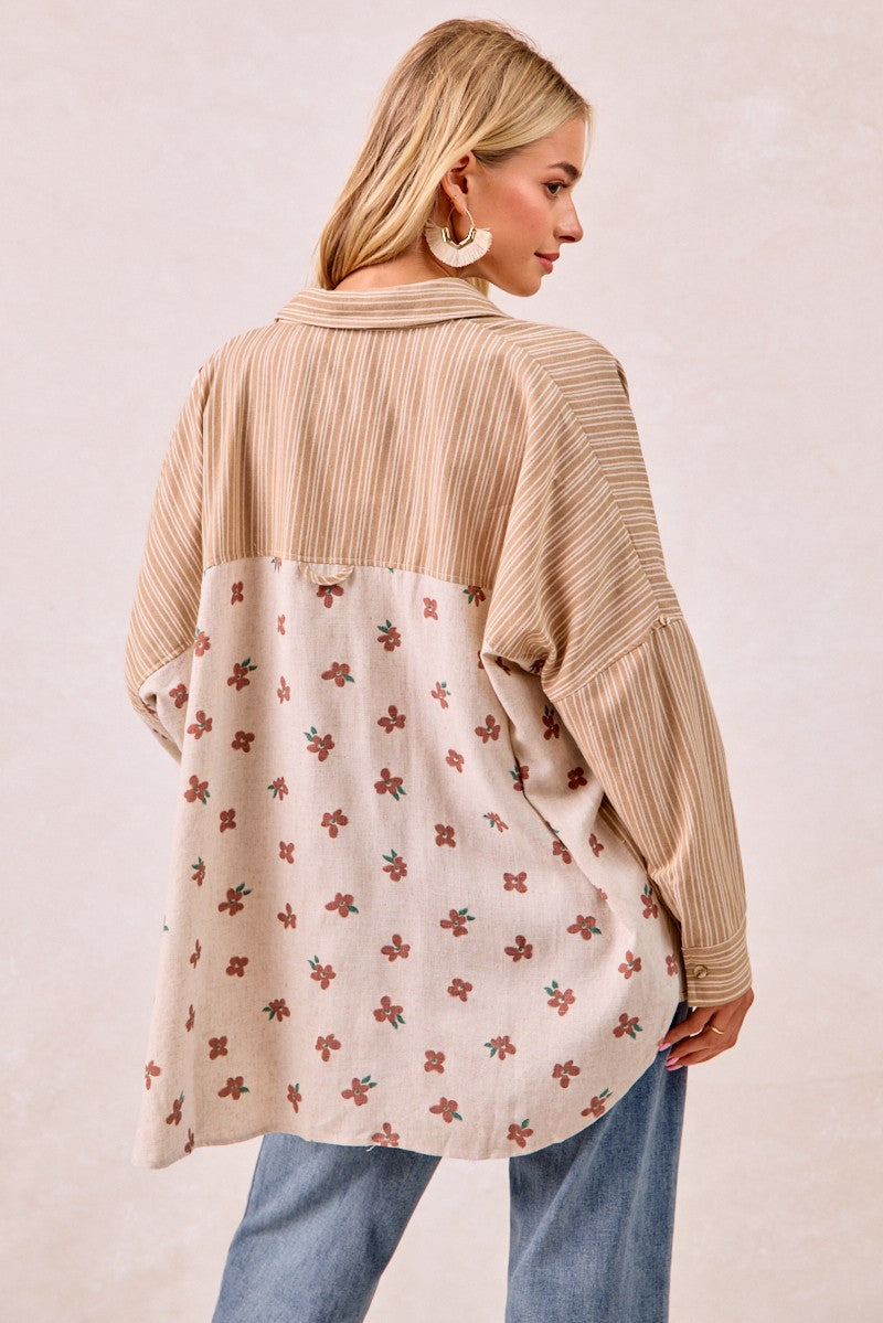 BiBi OVERSIZED Mix n Match Stripes and Floral Print Top in Taupe/Terracotta