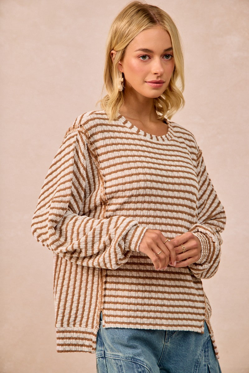 BiBi OVERSIZED Contrasting Color Textured Knit Stripe Top in Camel