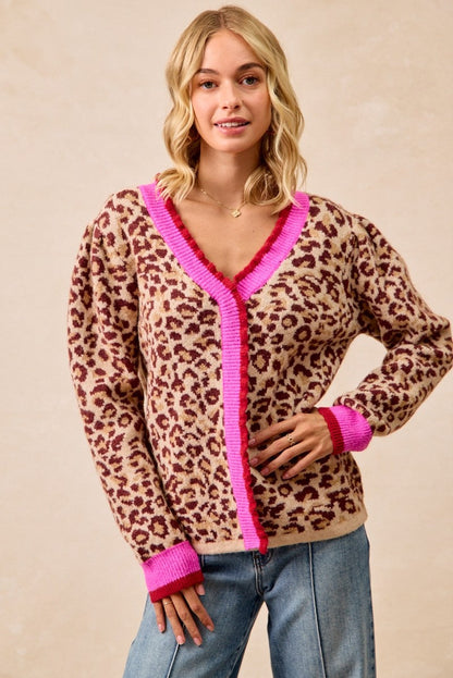 BiBi Leopard Print Knit Sweater with Contrasting Striped Ruffles in Leopard