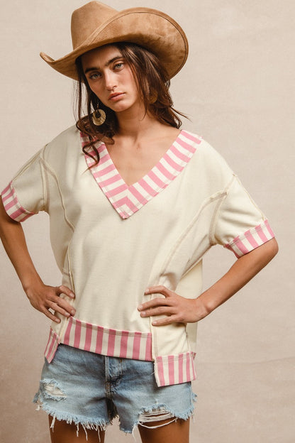 BiBi Solid Color French Terry Top with Contrasting Stripe Pattern in Ivory/Pink