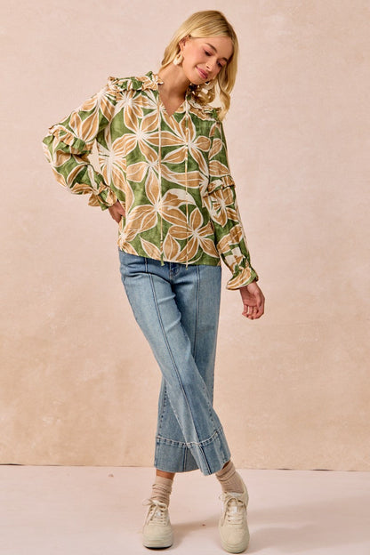 BiBi Bold Floral Print Top with Ruffle Details in Olive/Latte