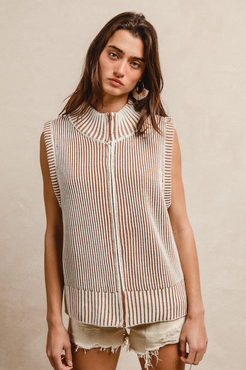 BiBi Two Toned Stripe Knit Sweater Zip up Vest in Ivory/Latte